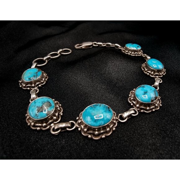 Vintage 1980s-90s Genuine Turquoise 925 Sterling Silver Bracelet - Picture 3 of 5